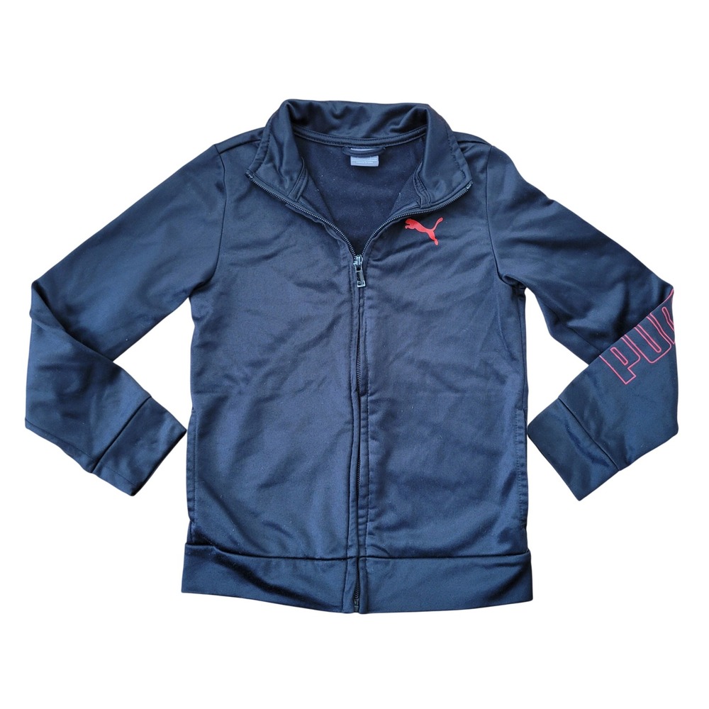 Puma 6 Track Jacket Black Red Logo Sleeve Graphic Athletic Zip Up Outdoor School